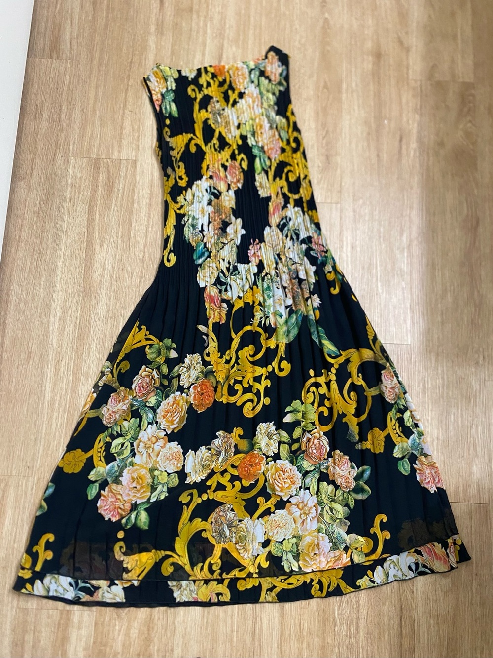 Sleeveless Black Midi Dress with Gold Scroll & Floral Print - Picture 3 of 5